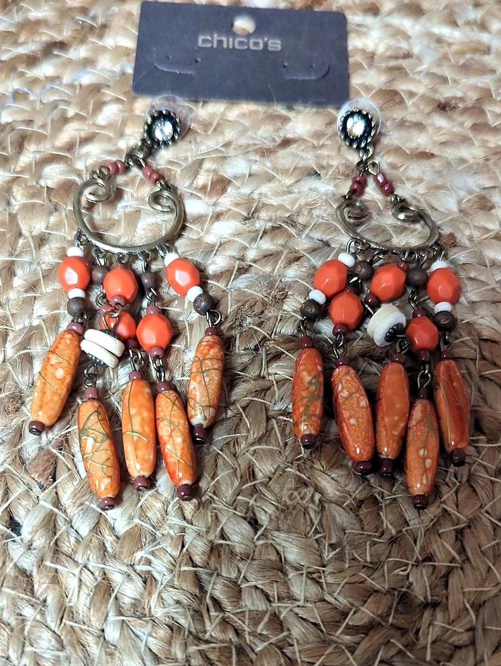 Chico's Beaded Dangle Earrings in Orange & Brown Like New